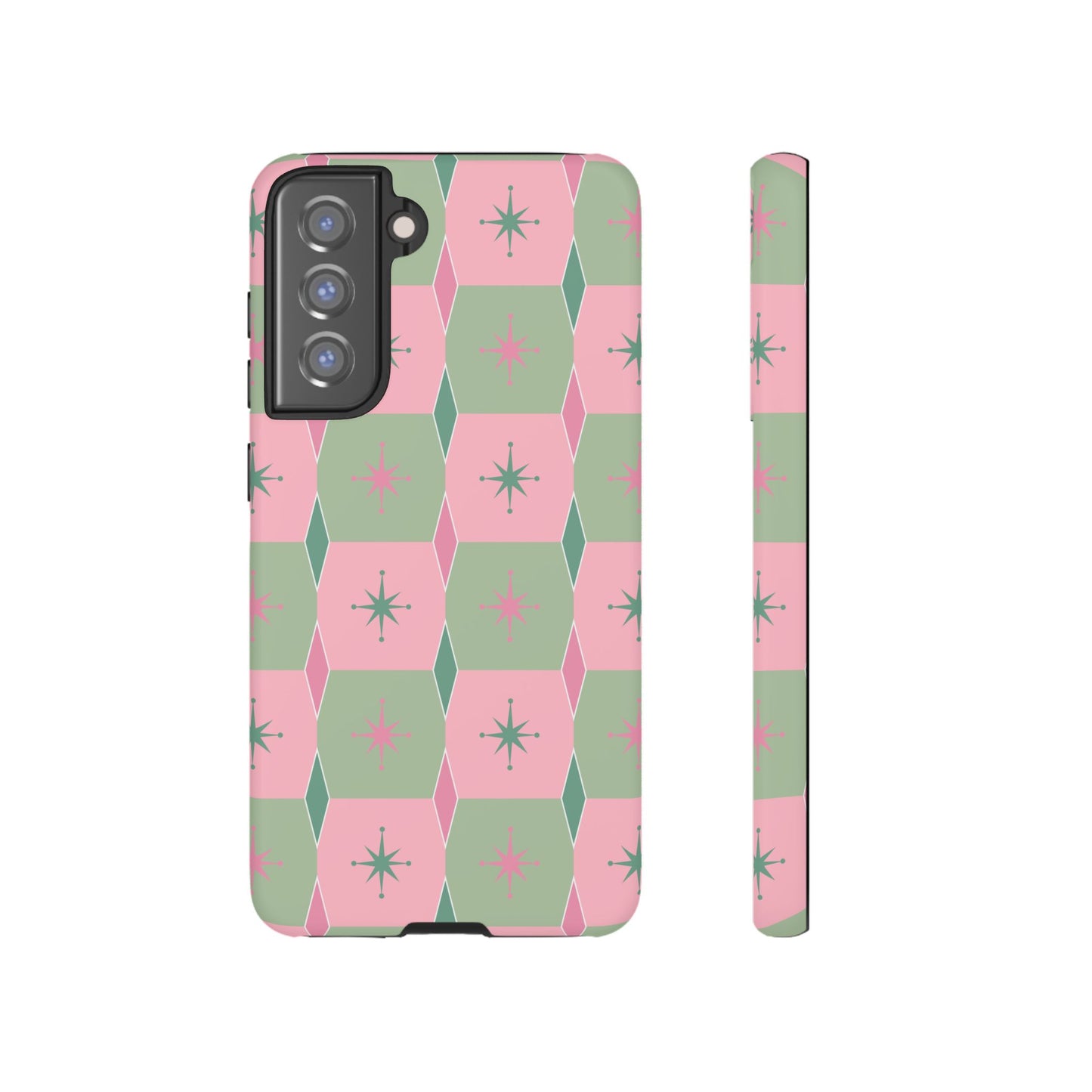 1950s Retro Square and Diamond Pattern in Pink and Green Tough Cases