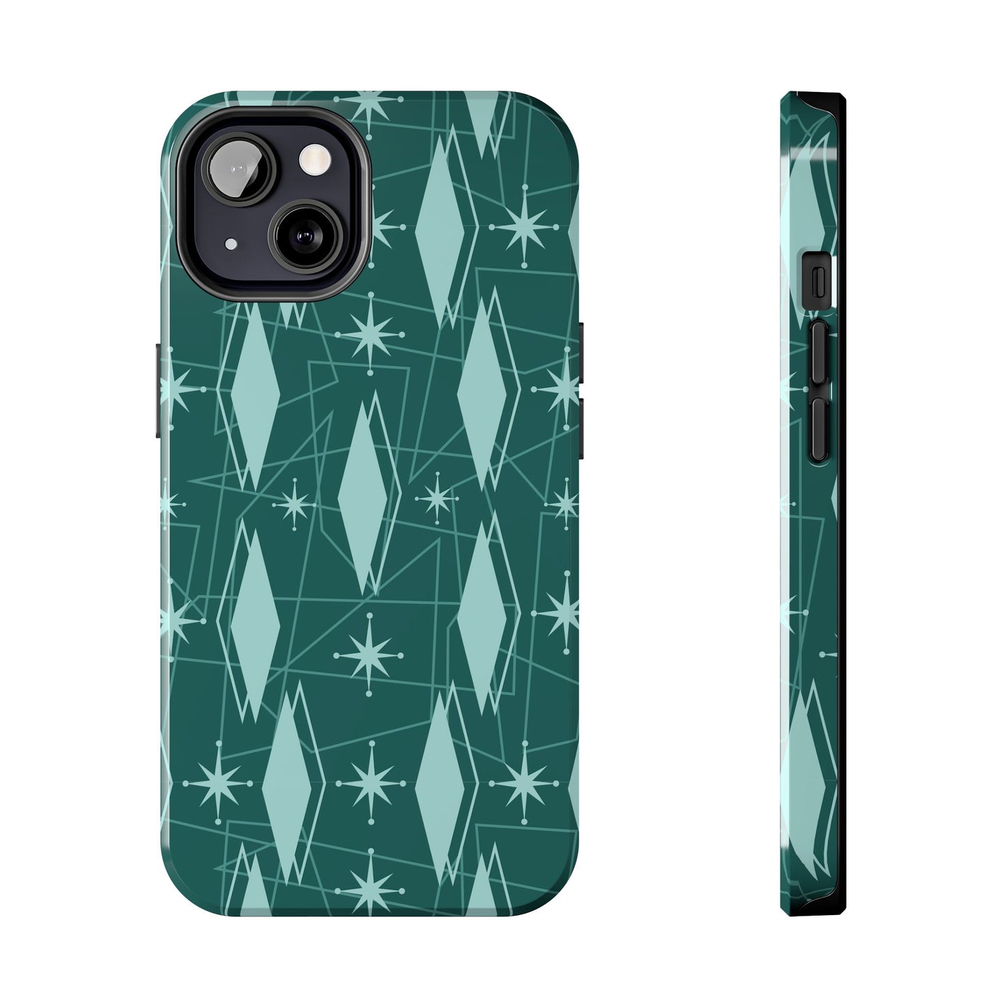 1950s Retro Star and Diamond Pattern in Green Tough iPhone Cases