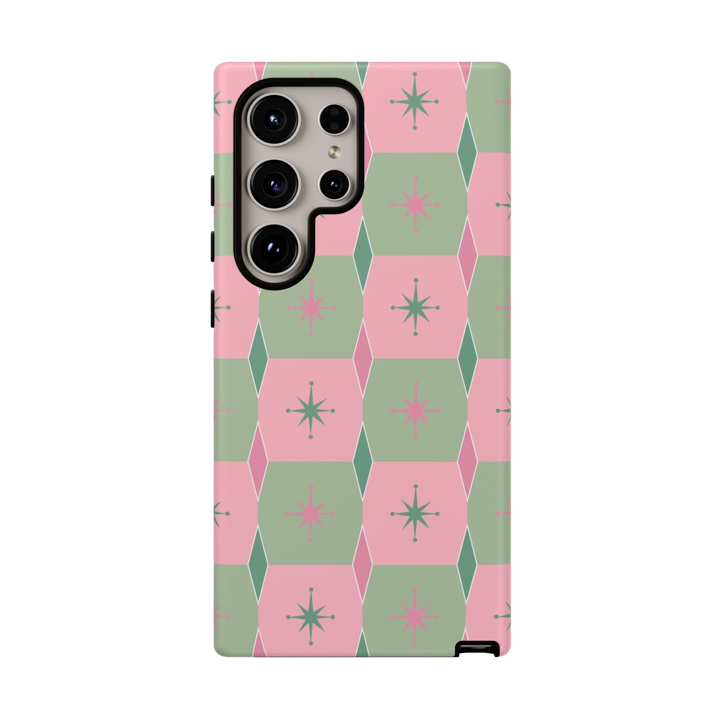 1950s Retro Square and Diamond Pattern in Pink and Green Tough Cases