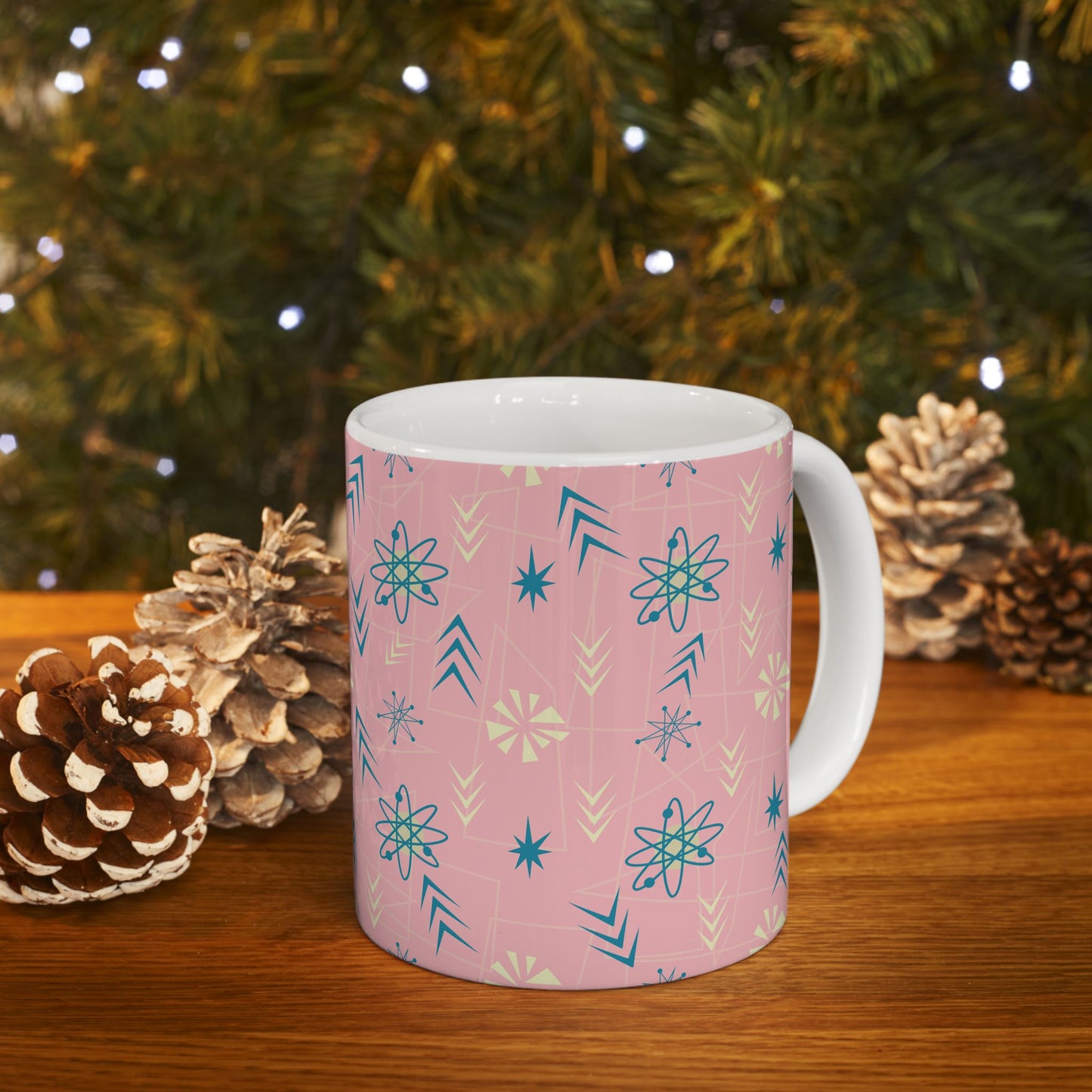 Pink Retro Starburst Ceramic Mug – Mid-Century Modern Coffee Cup (11oz/15oz)