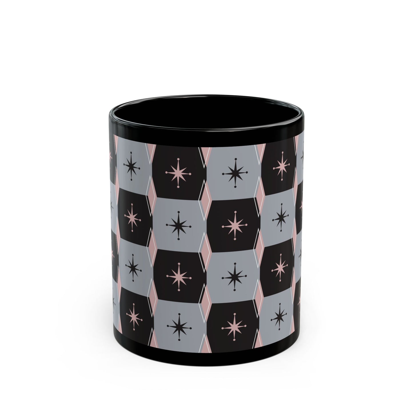 Retro Starburst Black Mug — Mid-Century Geometric Coffee Cup (11oz/15oz)