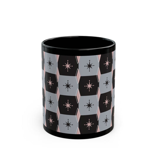 Retro Starburst Black Mug — Mid-Century Geometric Coffee Cup (11oz/15oz)