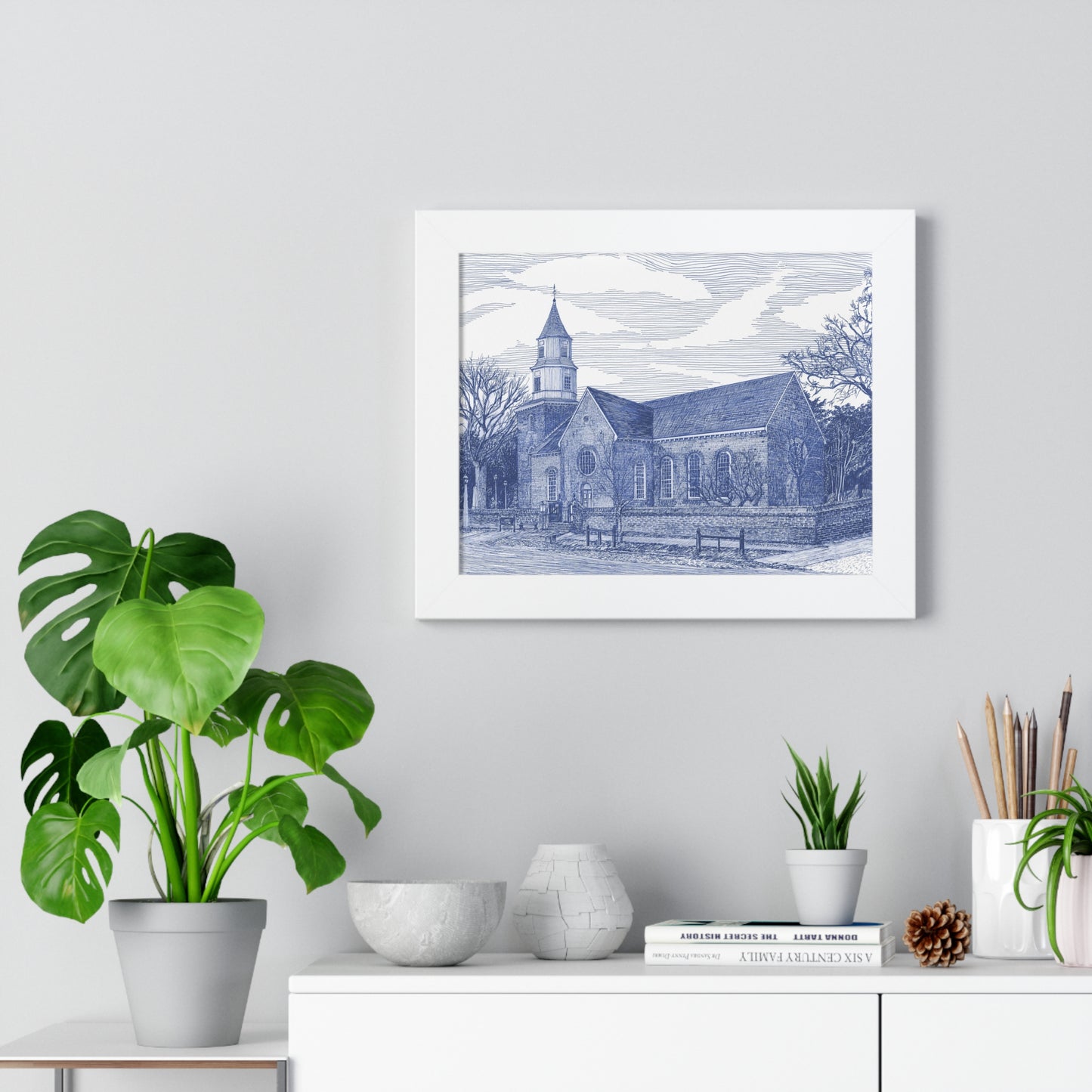 Colonial Williamsburg's Bruton Parish Church in Blue Framed Poster — Blue Architectural Print for Home & Office