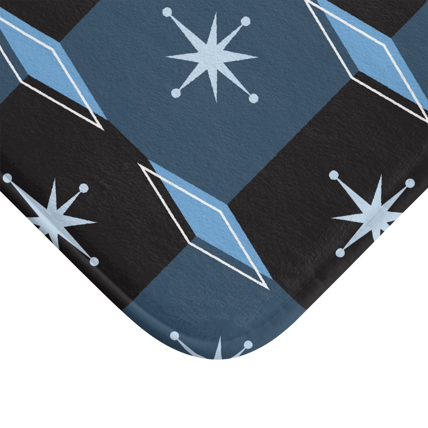 Mid-Century Starburst Bath Mat — Retro Geometric Blue Tile Design