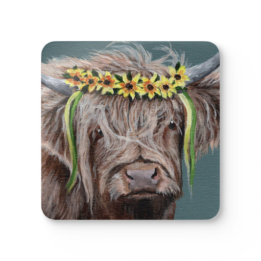 Highland Cow Cork Coaster Set – Sunflower Crown Rustic Drink Coasters