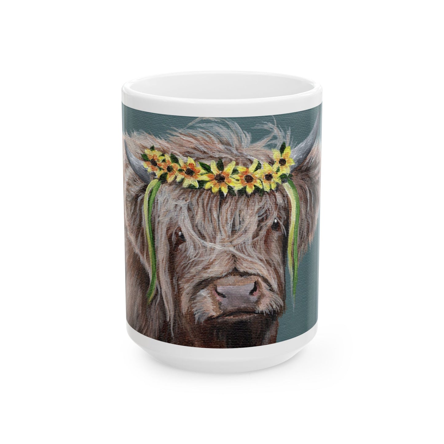 Highland Cow Mug with Sunflower Crown — Ceramic Coffee Cup (11oz, 15oz)