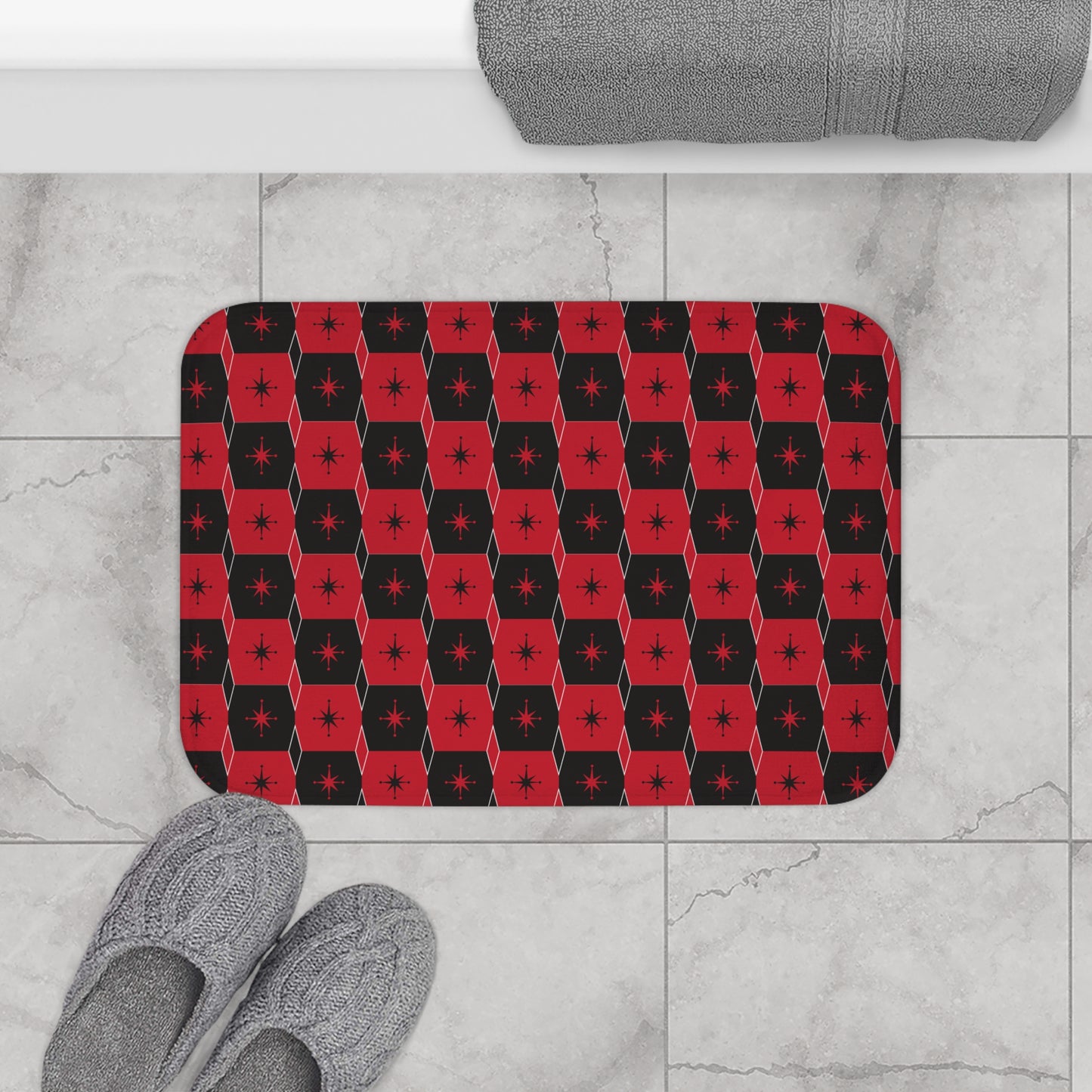 Retro Red & Black Star Pattern Bath Mat