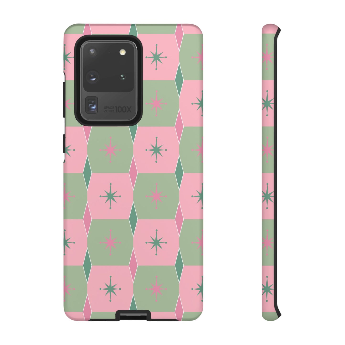 1950s Retro Square and Diamond Pattern in Pink and Green Tough Cases