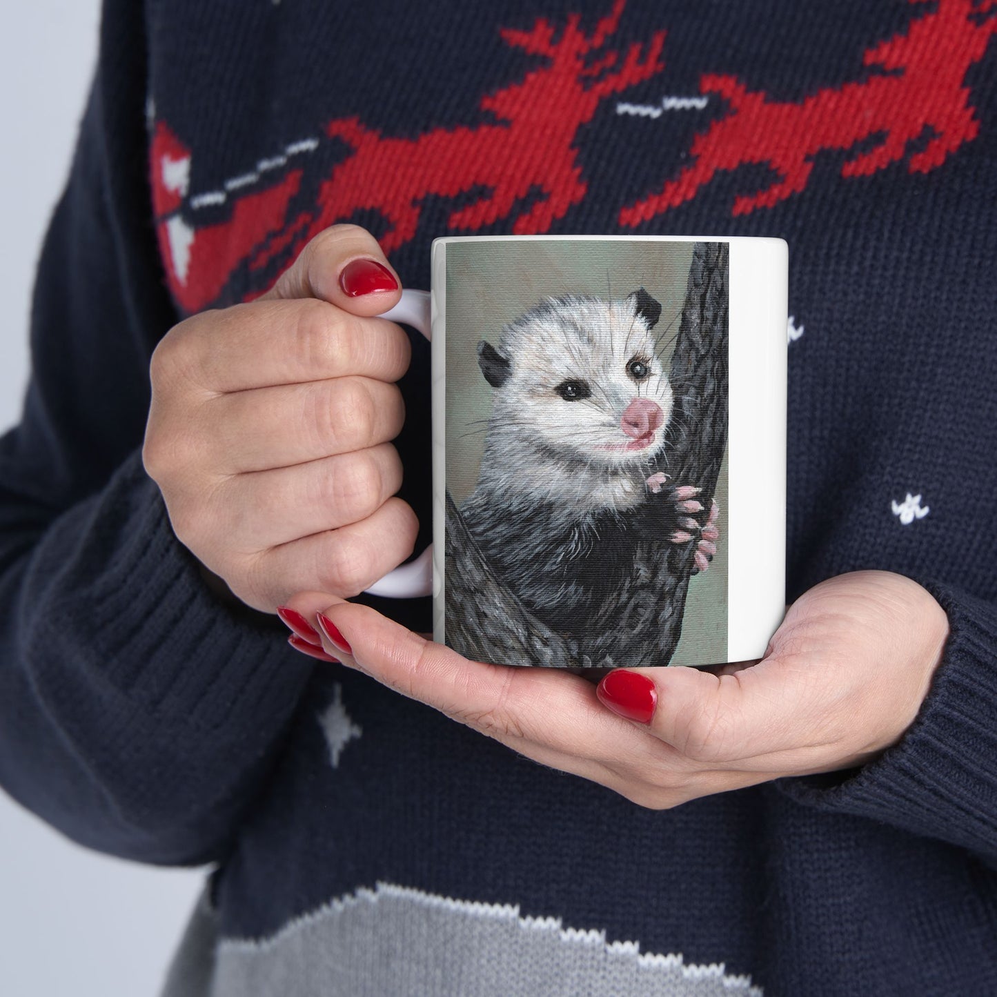 Opossum Art Ceramic Mug — Cute Wildlife Tree-Climbing Possum Coffee Cup (11oz/15oz)