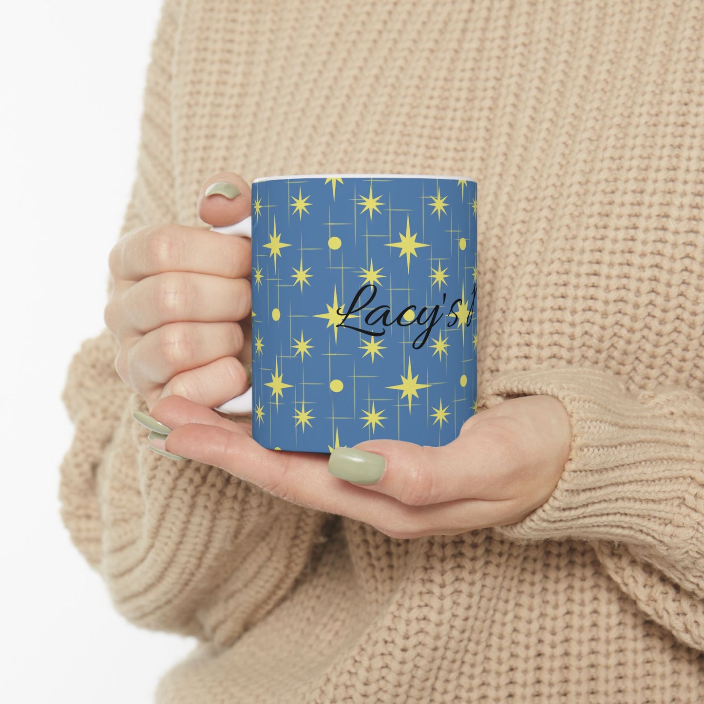 Retro Star Pattern Ceramic Mug — Blue & Yellow 11oz/15oz