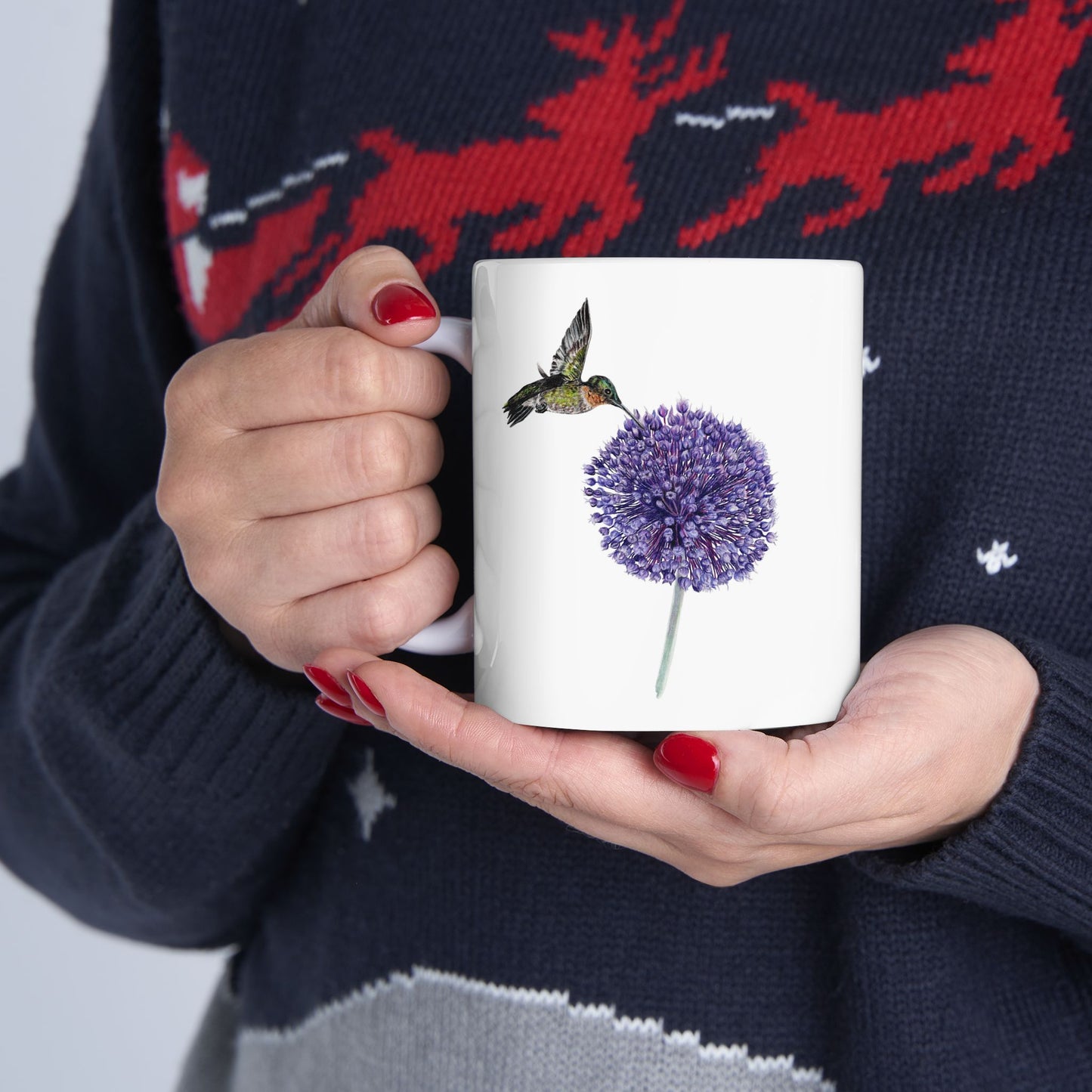 Hummingbird and Yorktown Onion Ceramic Mug — Purple Allium Floral & Hummingbird Coffee Cup (11oz & 15oz)