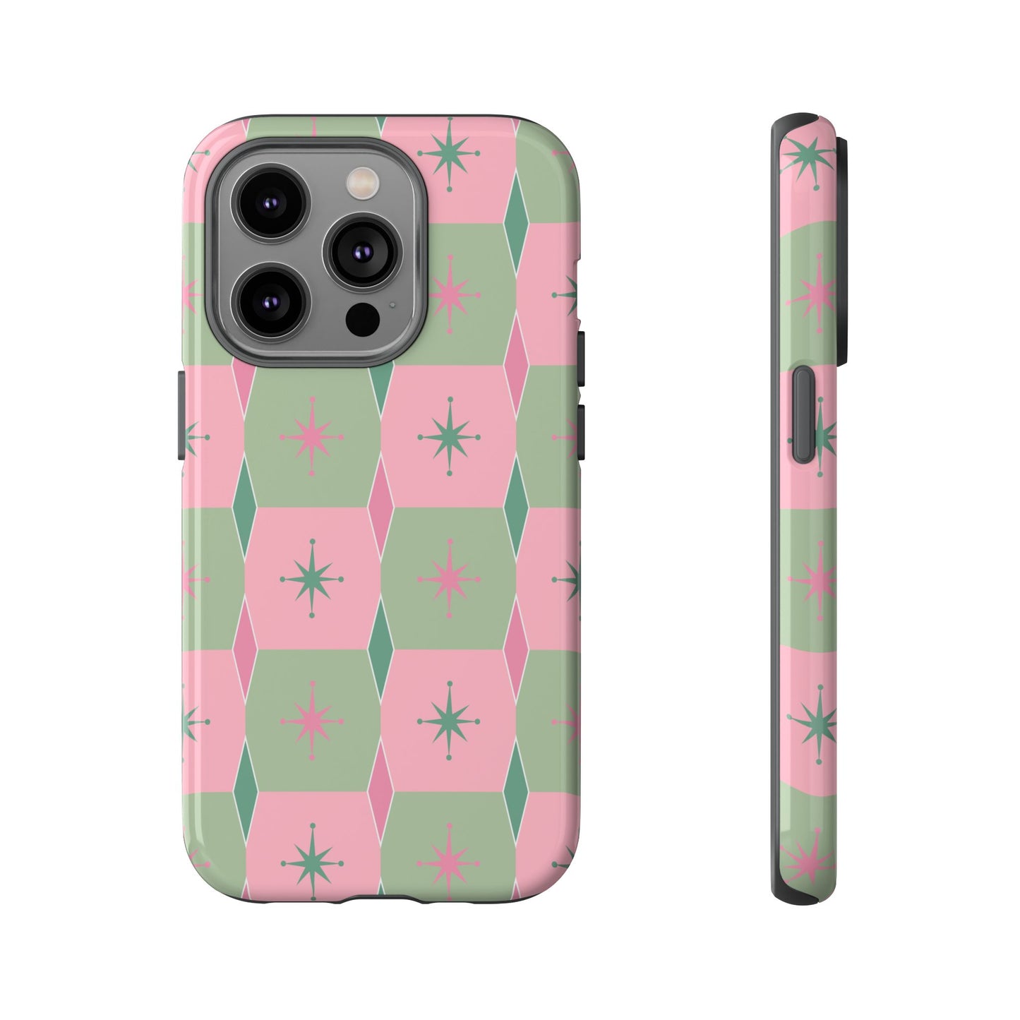 1950s Retro Square and Diamond Pattern in Pink and Green Tough Cases