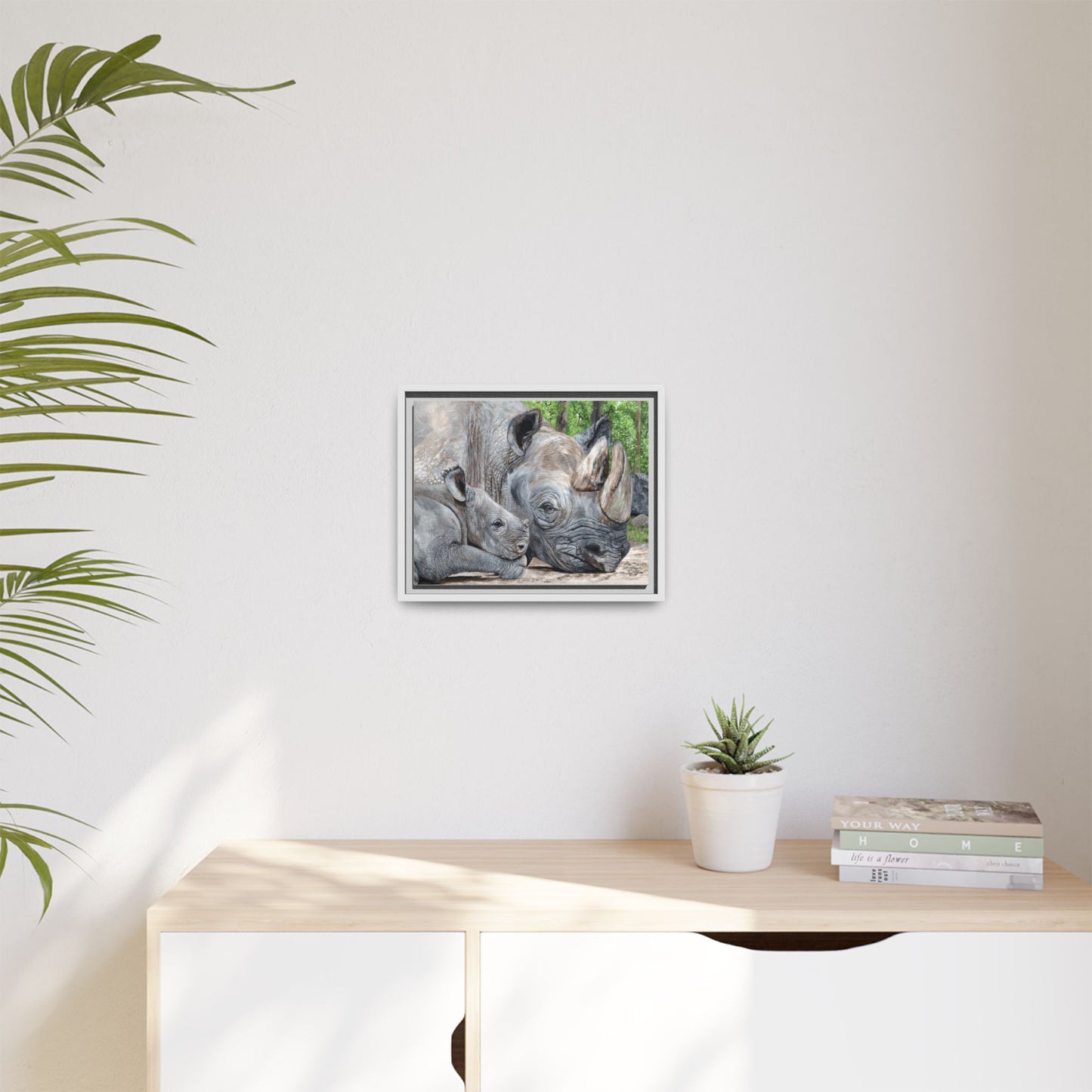 Framed Rhino & Calf Matte Canvas Print — Wildlife Nursery Wall Art