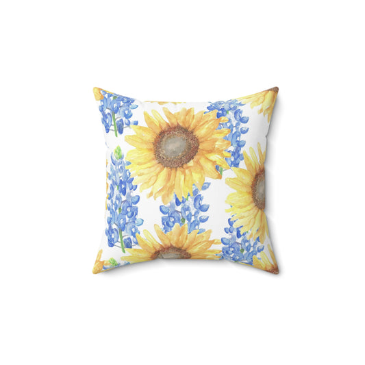 Sunflower & Bluebonnet Decorative Pillow — Watercolor Floral Throw Pillow