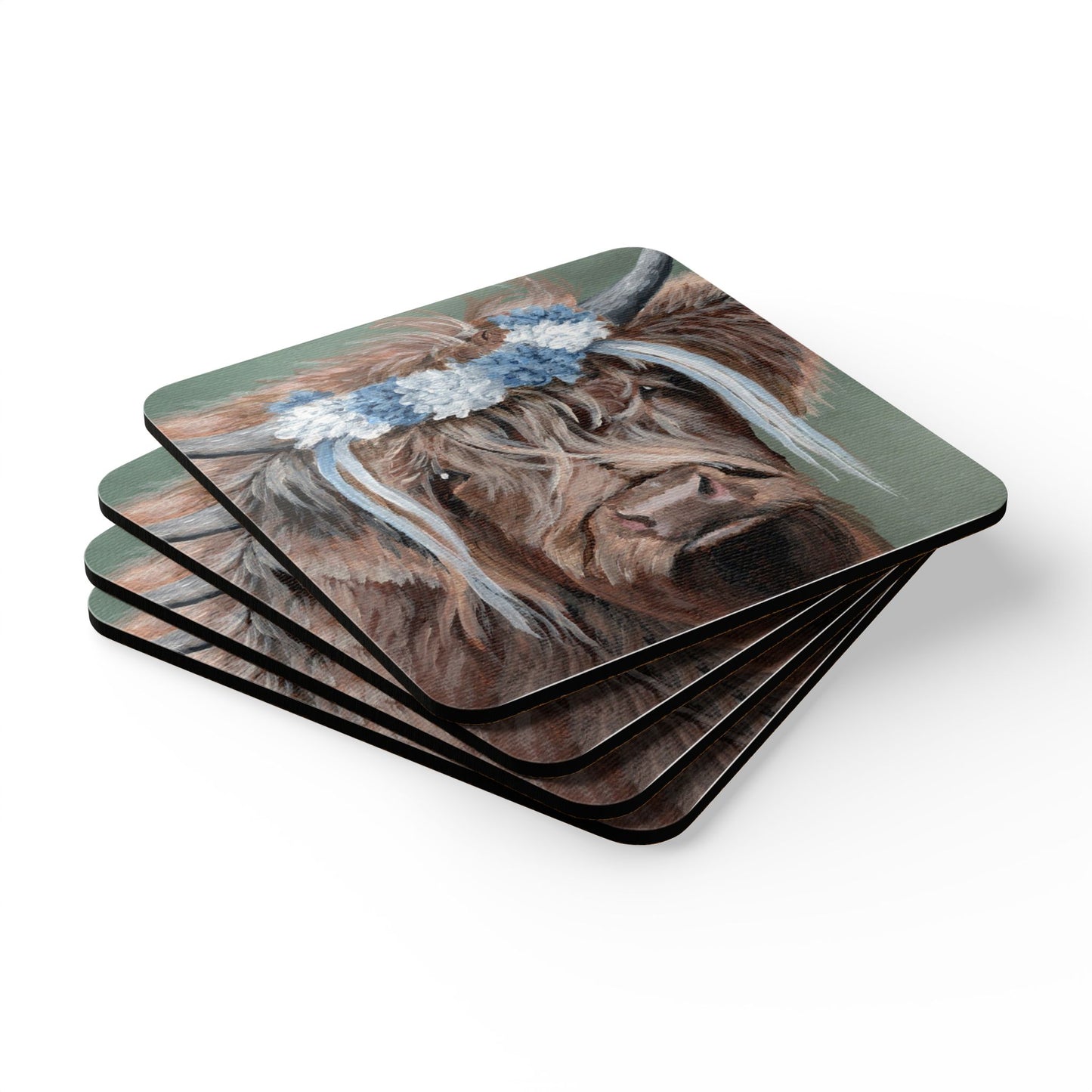 Corkwood Coasters — Highland Cow with Blue Floral Crown (Set)