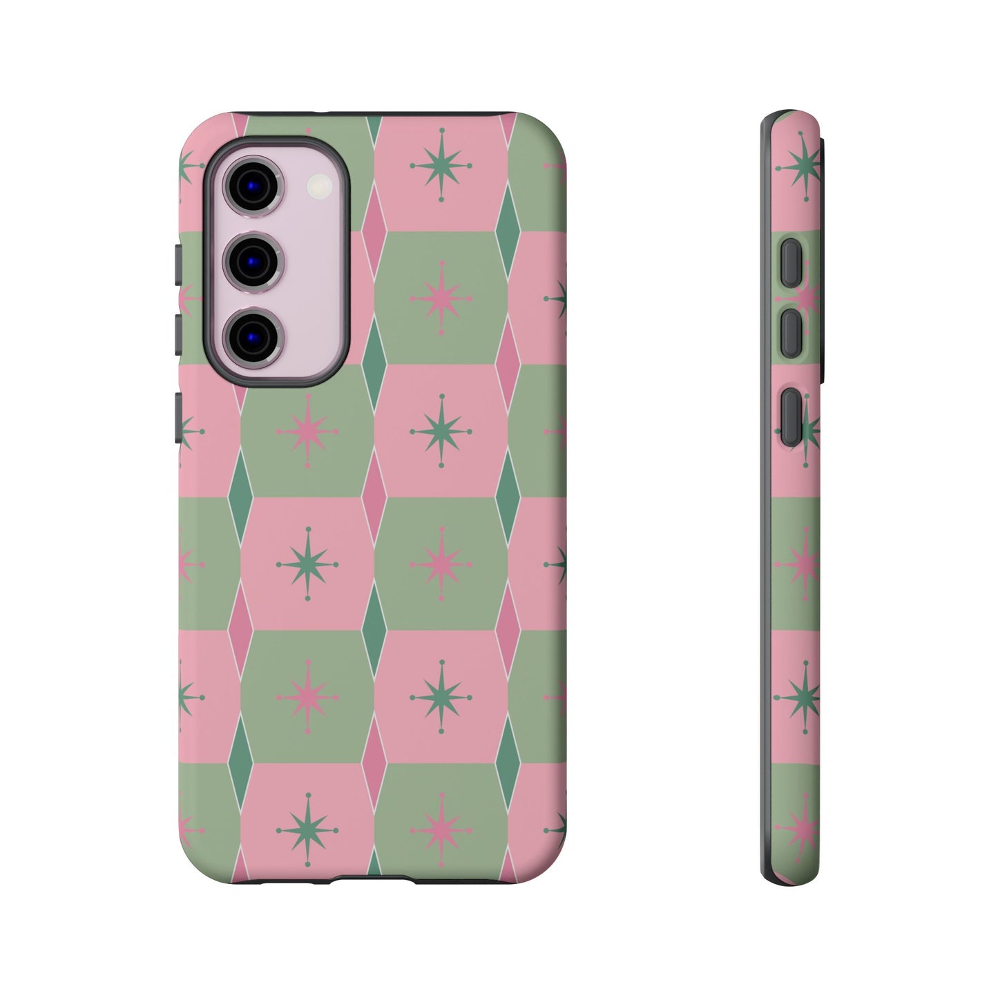 1950s Retro Square and Diamond Pattern in Pink and Green Tough Cases