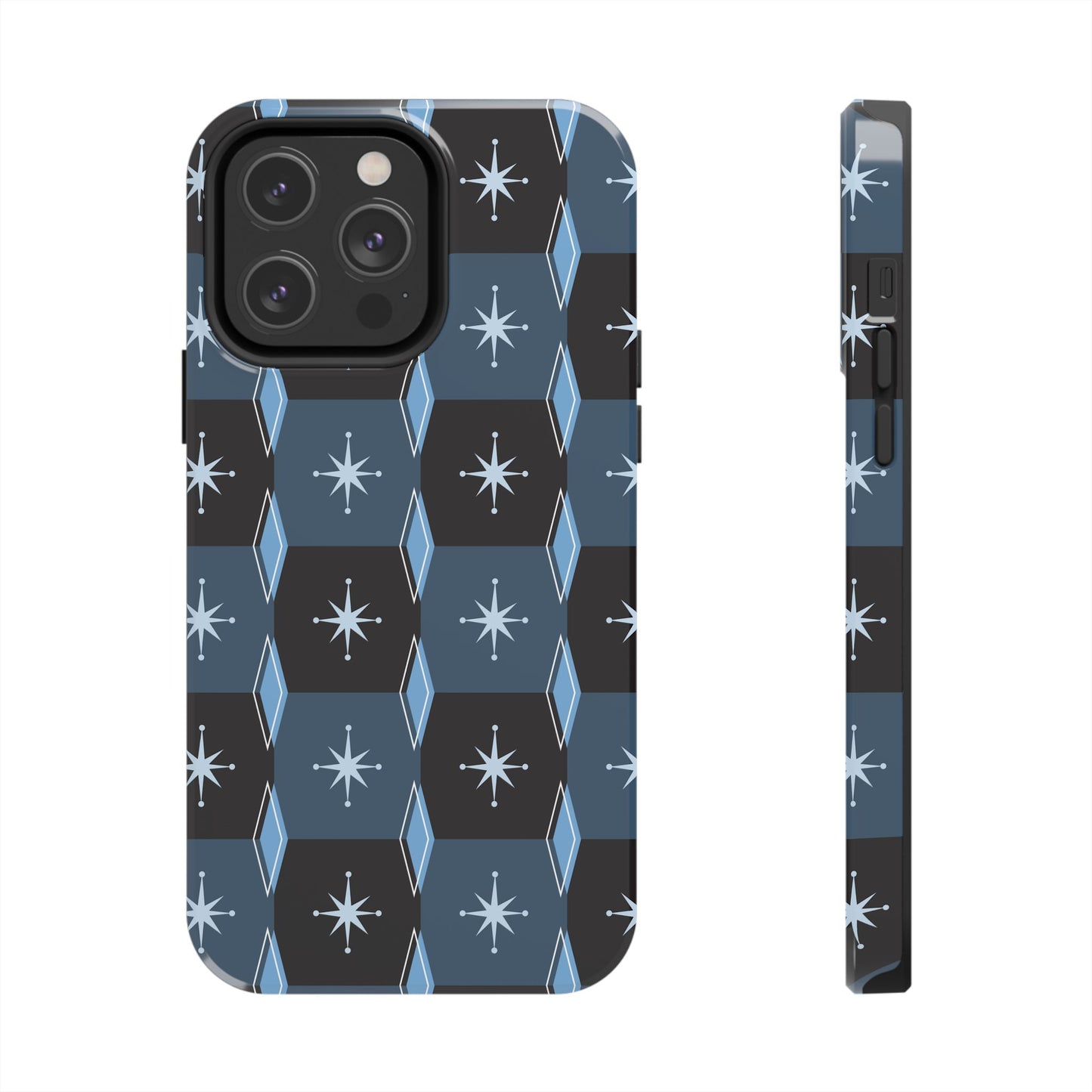 Blue and Black Diamond and Square Pattern Tough iPhone Cases