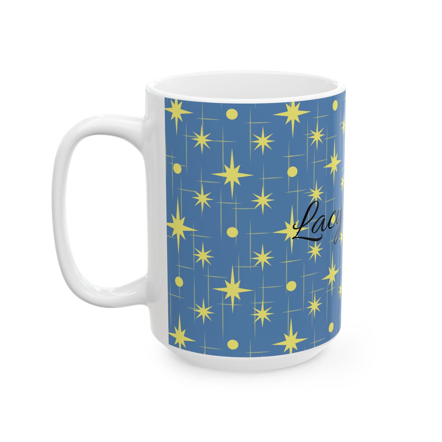 Retro Star Pattern Ceramic Mug — Blue & Yellow 11oz/15oz