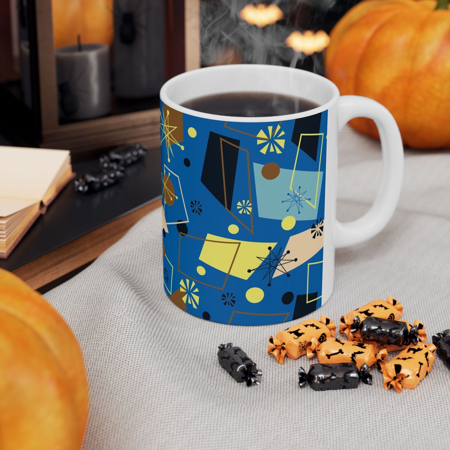 Retro Atomic Blue Ceramic Mug – Mid-Century Modern Geometric Coffee Cup (11oz/15oz)