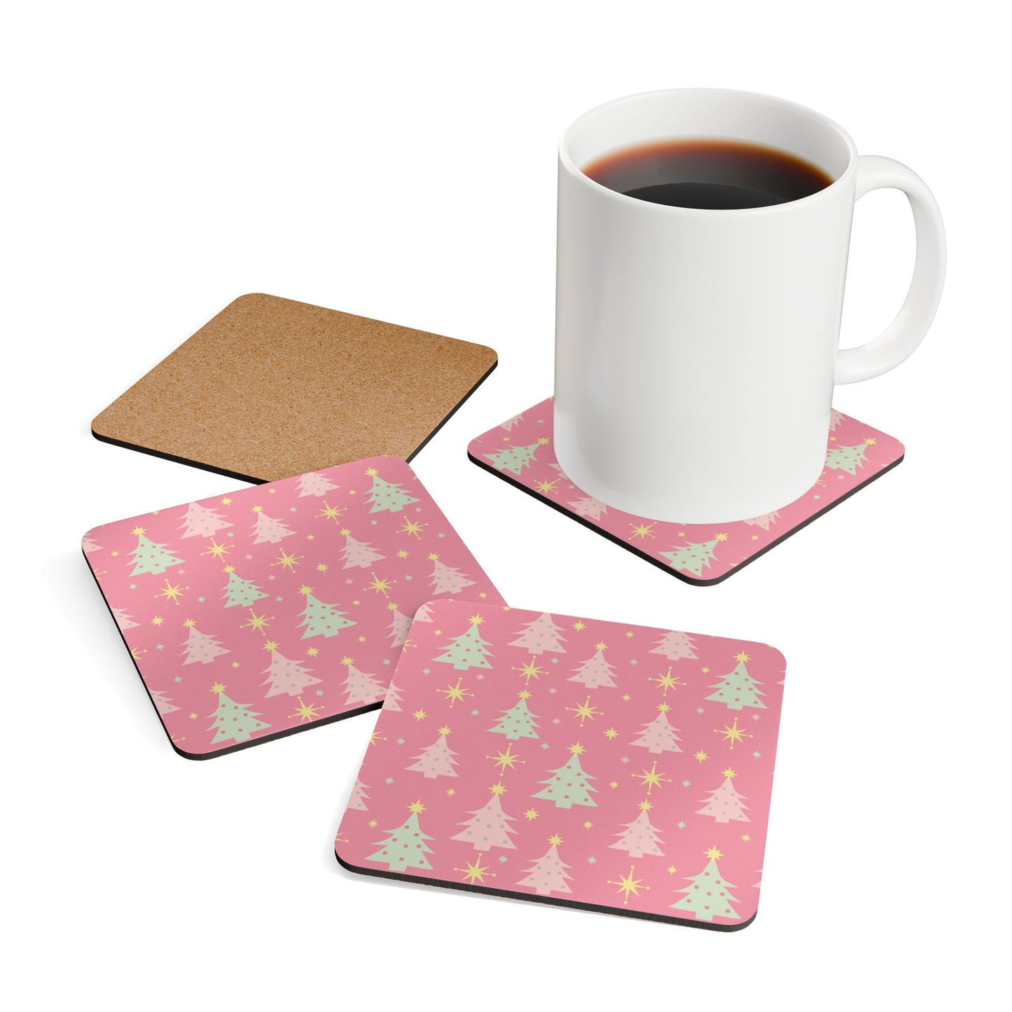 Pink Retro Christmas Tree Cork Coaster Set