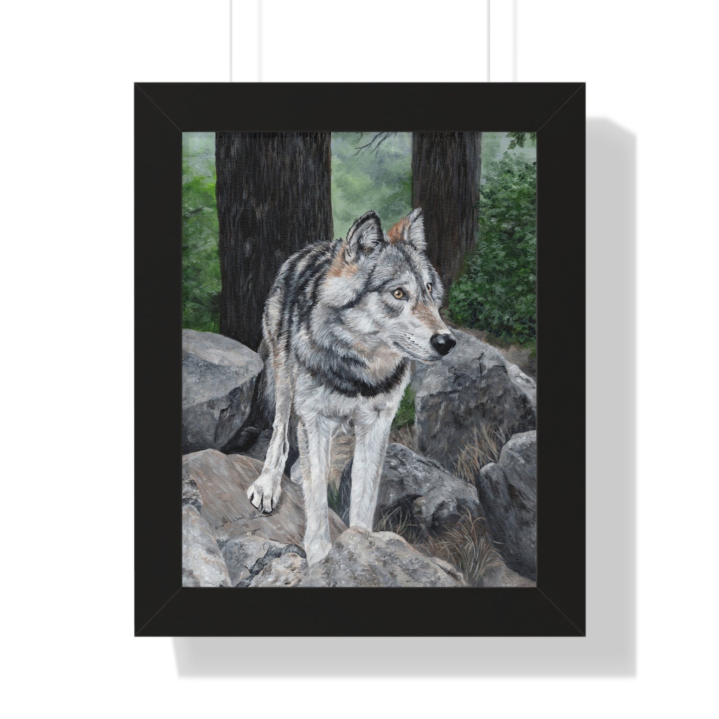 Wolf in the Woods Framed Poster — Forest Wildlife Vertical Art
