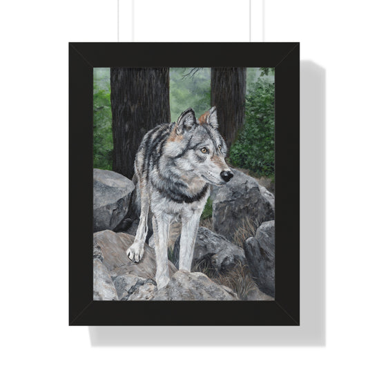 Wolf in the Woods Framed Poster — Forest Wildlife Vertical Art