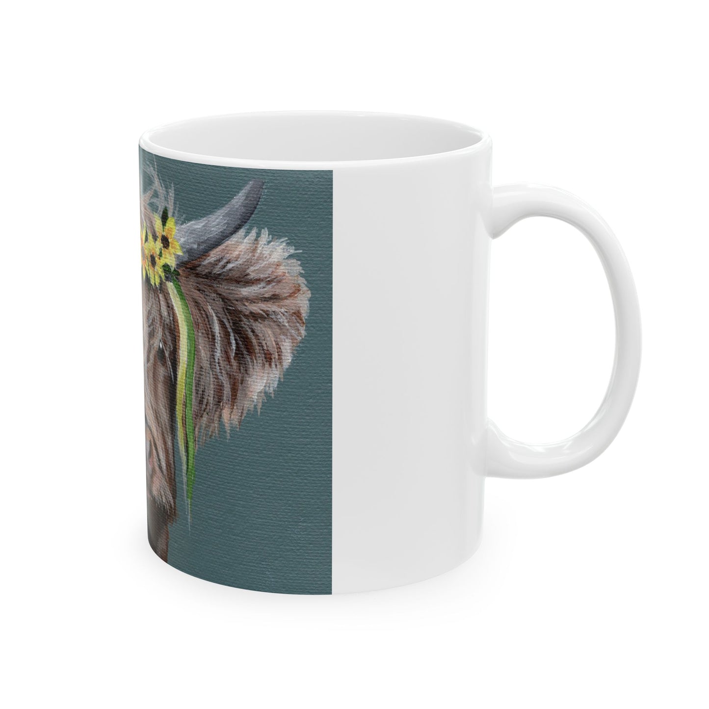 Highland Cow Mug with Sunflower Crown — Ceramic Coffee Cup (11oz, 15oz)