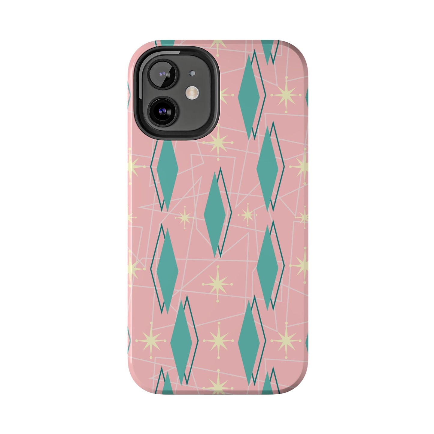 1950s Retro Star and Diamond Pattern in Pink and Green Tough iPhone Case