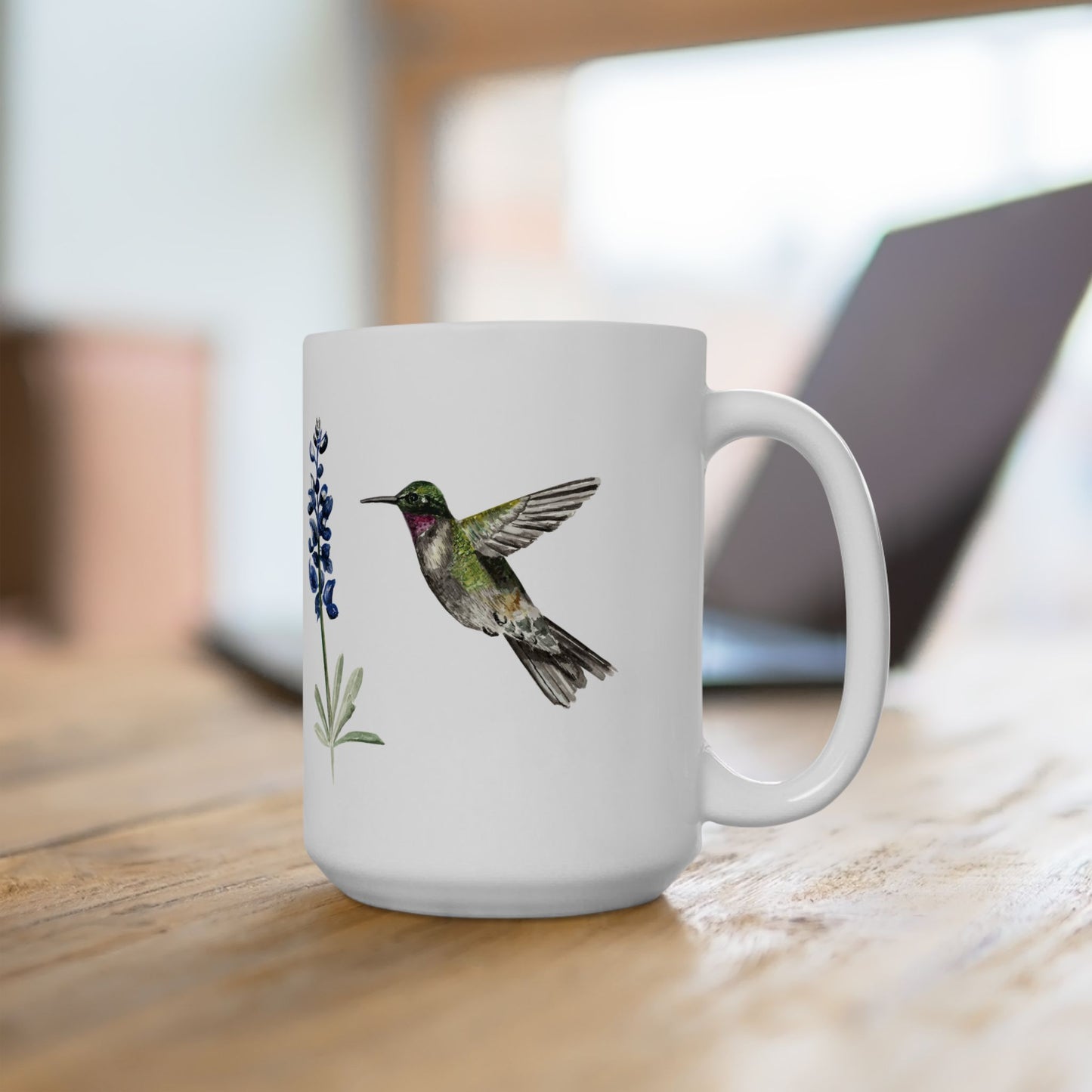 Hummingbird & Bluebonnet Ceramic Mug — Floral Bird Coffee Tea Cup (11oz, 15oz)