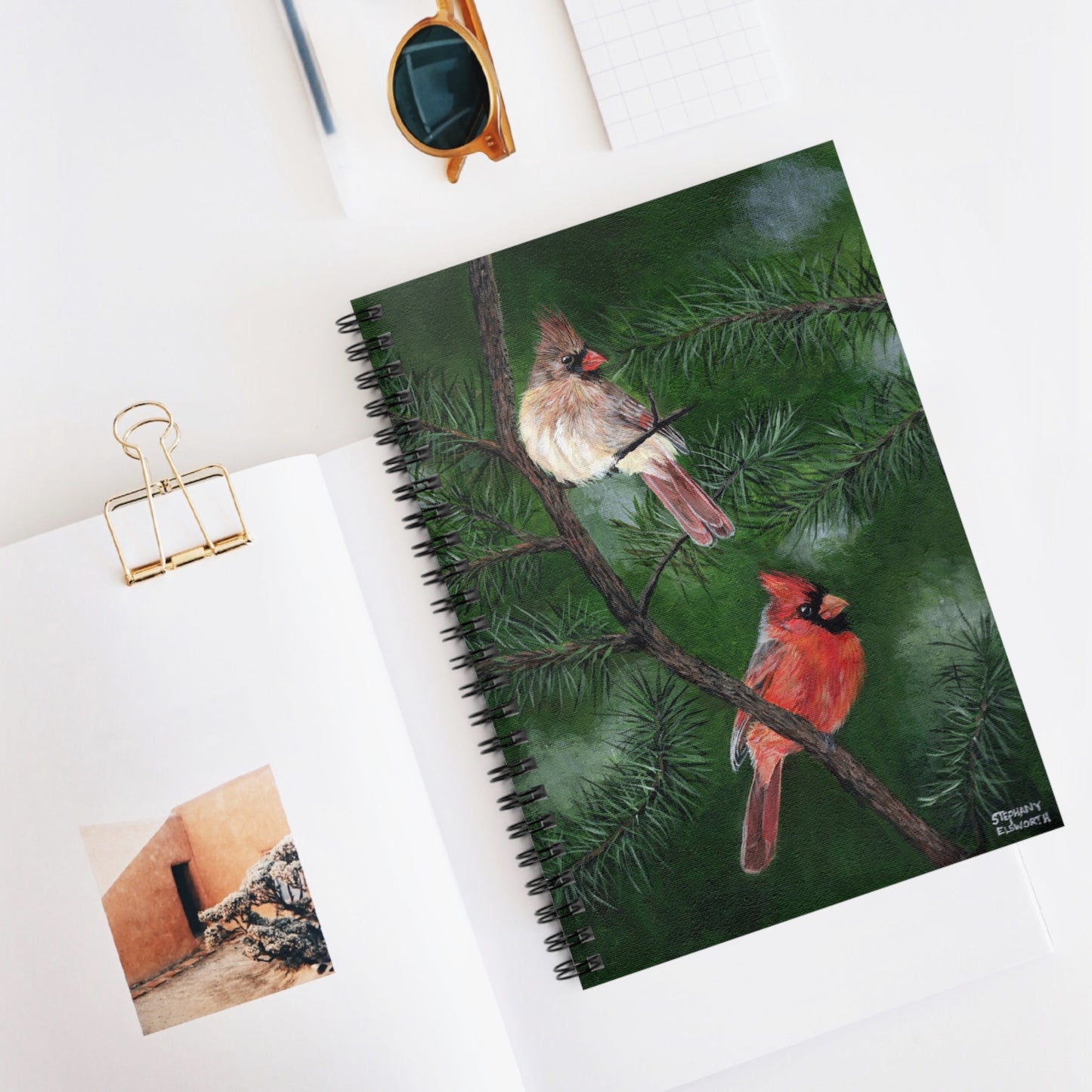 Cardinal Pair Spiral Notebook — Ruled Lined Journal with Pine Tree Art