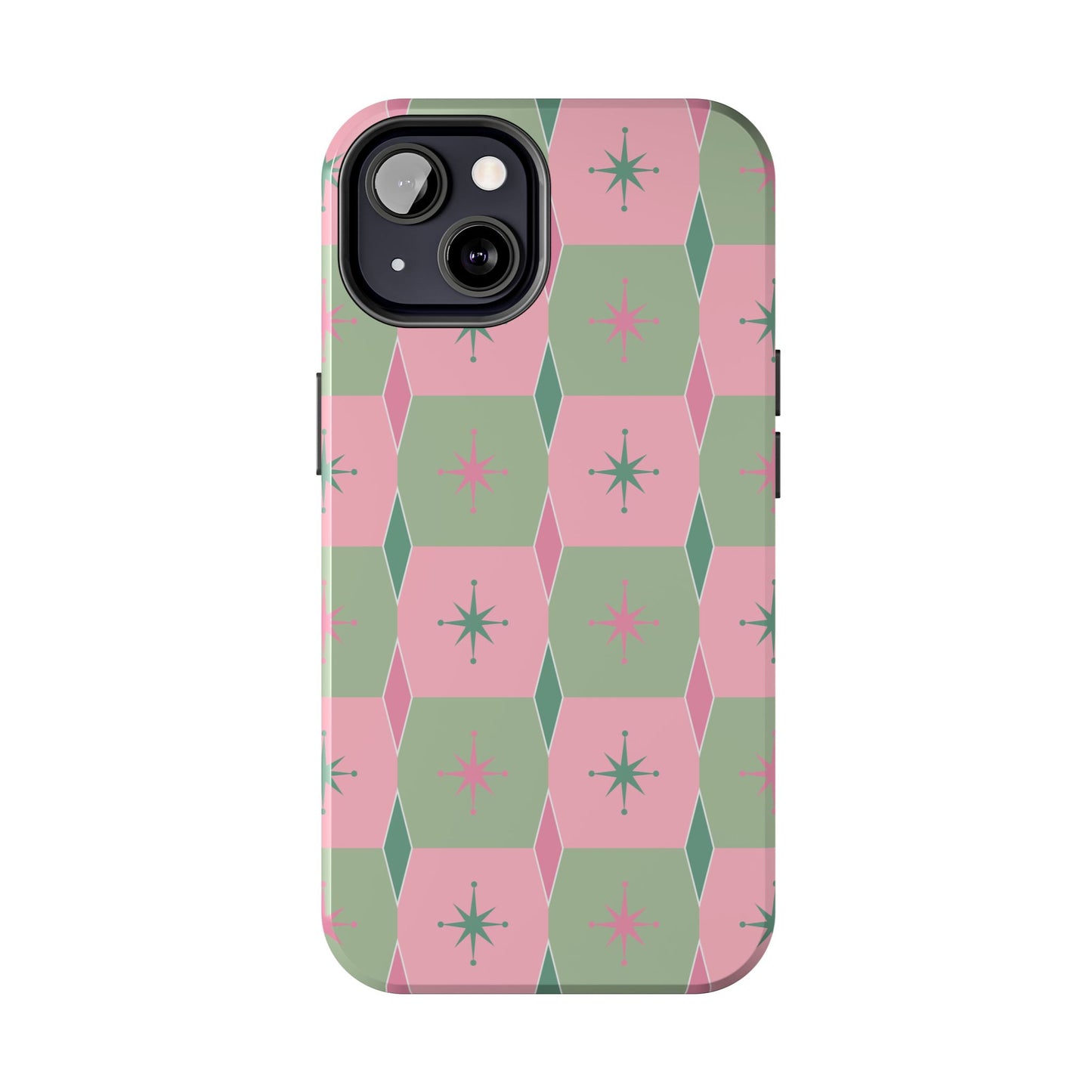 1950s Retro Square and Diamond Pattern in Pink and Green Tough iPhone Cases