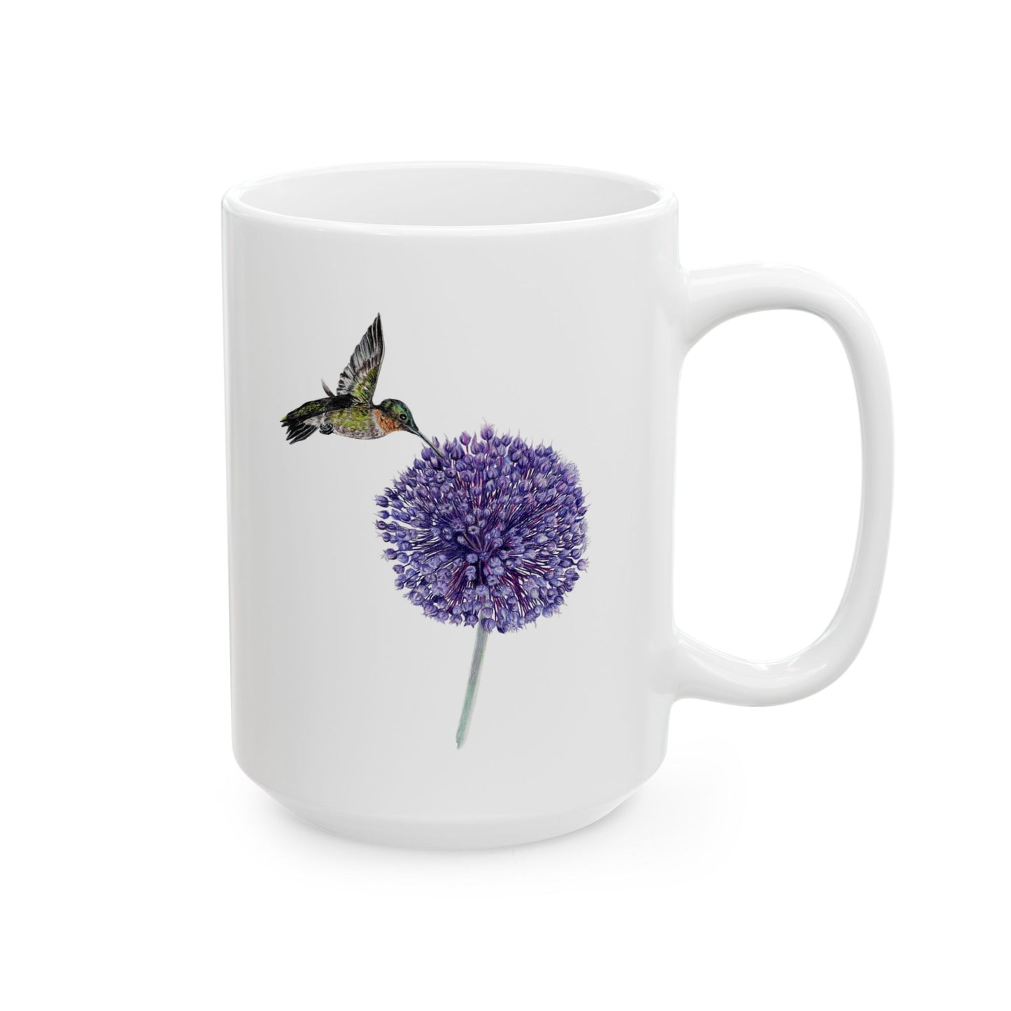Hummingbird and Yorktown Onion Ceramic Mug — Purple Allium Floral & Hummingbird Coffee Cup (11oz & 15oz)