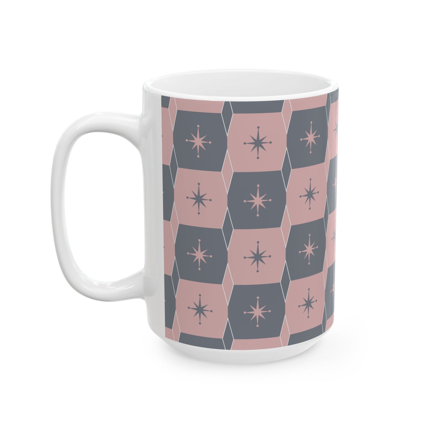 Mid-Century Starburst Ceramic Mug — Pink & Slate Geometric Pattern (11oz, 15oz)