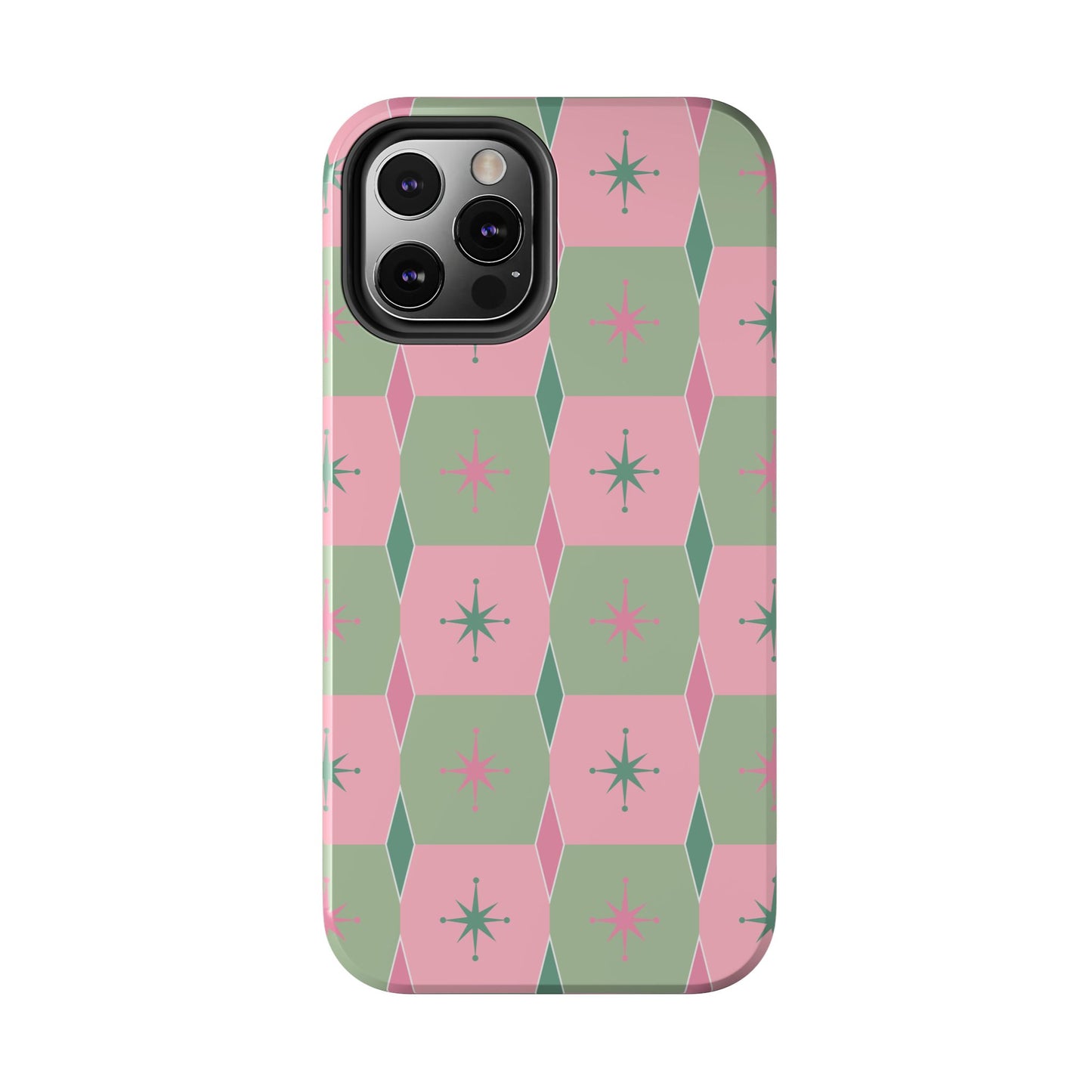 1950s Retro Square and Diamond Pattern in Pink and Green Tough iPhone Cases