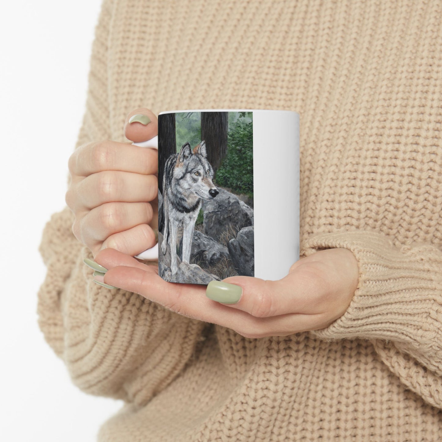 Wolf in the Woods Ceramic Mug — Rustic Nature Coffee Cup (11oz/15oz)