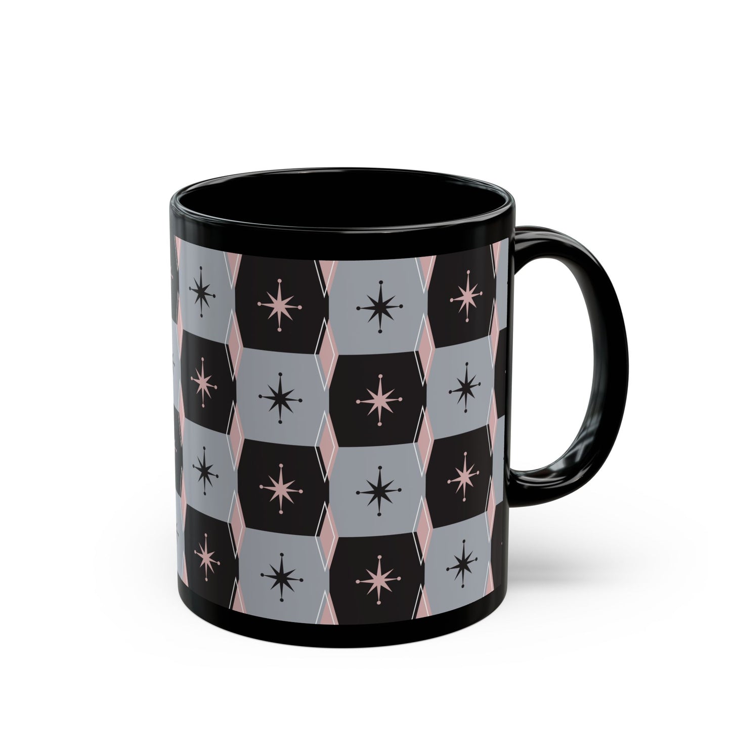 Retro Starburst Black Mug — Mid-Century Geometric Coffee Cup (11oz/15oz)