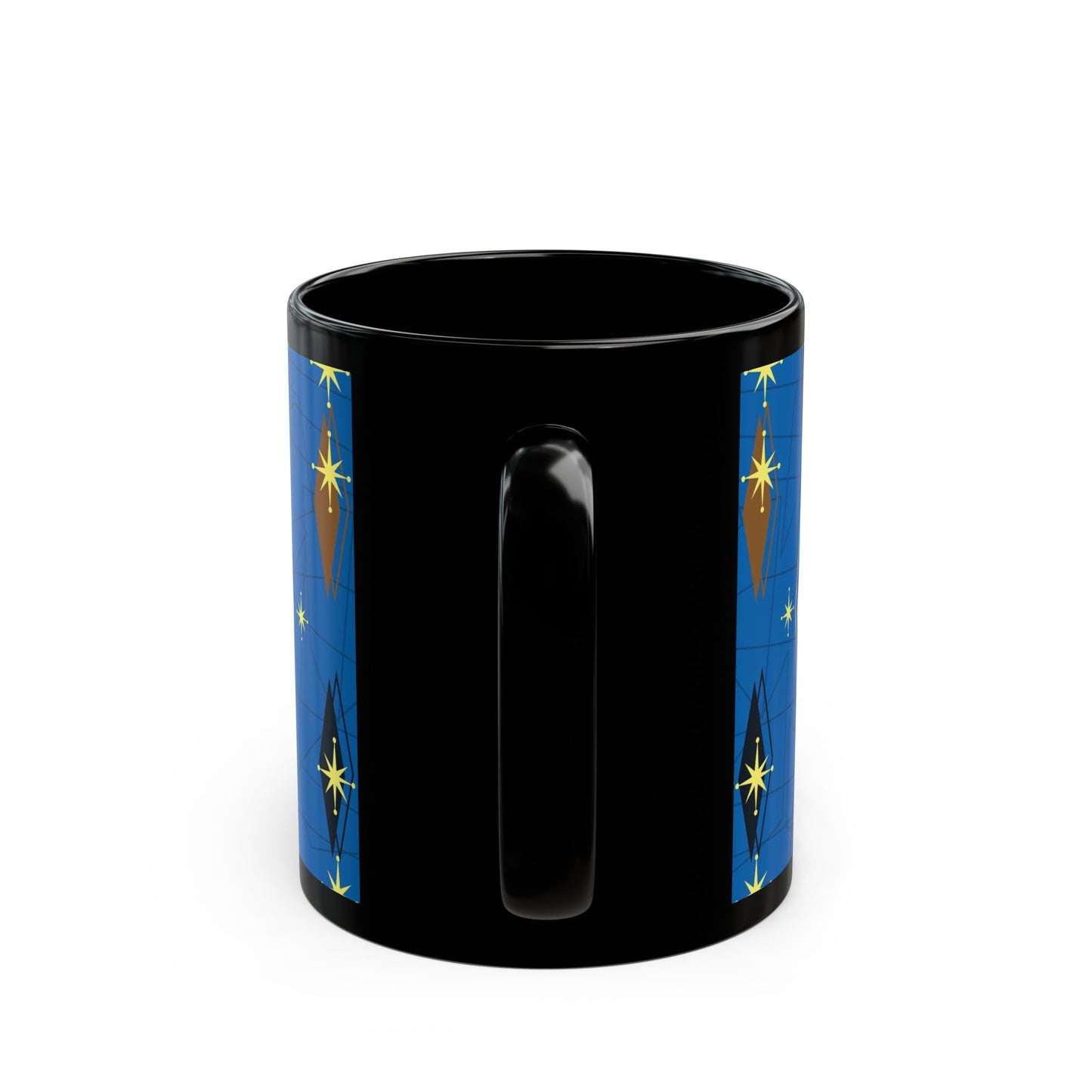 Retro Mid-Century Starburst Pattern Black Coffee Mug — Blue Geometric 11oz/15oz