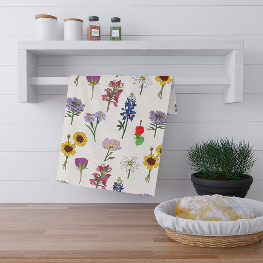Texas Wildflower Pattern Cotton Tea Towel — Hand-Drawn Floral Kitchen Towel