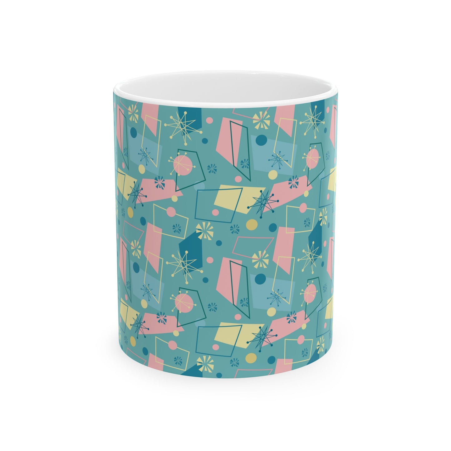 Mid-Century Modern Pattern Ceramic Mug — Retro Teal Atomic Design (11oz/15oz)