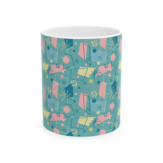 Mid-Century Modern Pattern Ceramic Mug — Retro Teal Atomic Design (11oz/15oz)