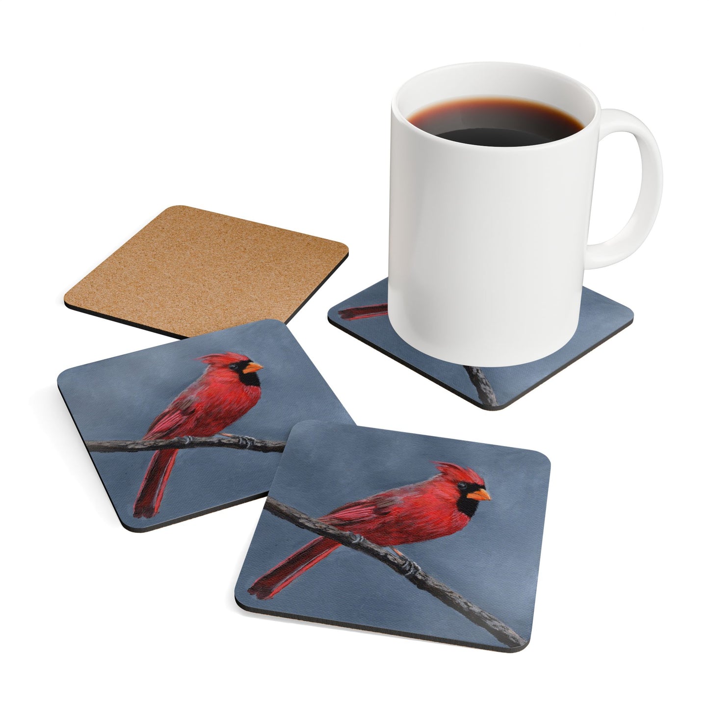 Cardinal Artwork Cork Coaster Set — Red Bird Nature Drink Coasters (4-Pack)