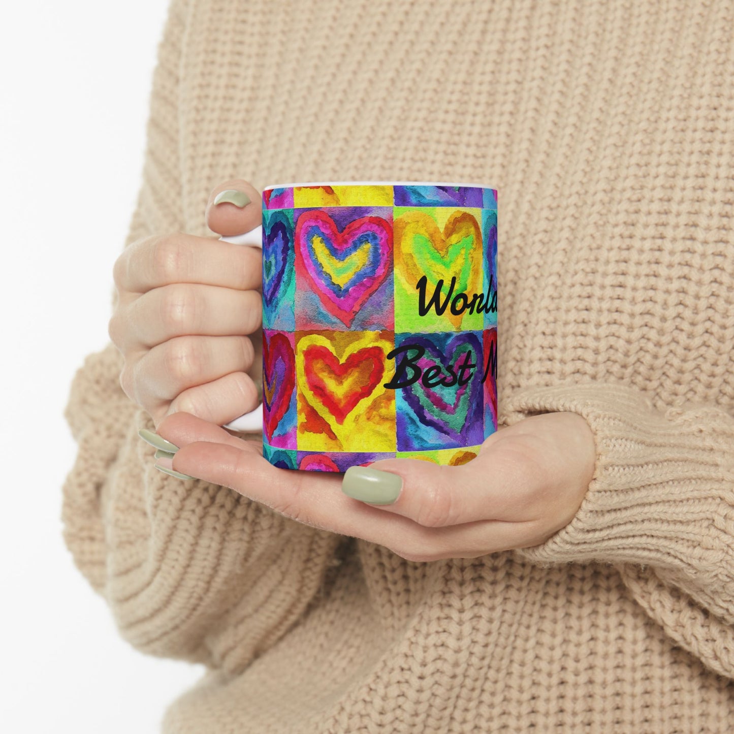 World's Best Mom Ceramic Mug — Colorful Watercolor Hearts, Mother's Day Gift (11oz & 15oz)