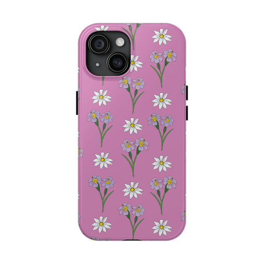 Daisy and Blue Flower Pattern on Pink Tough iPhone Cases