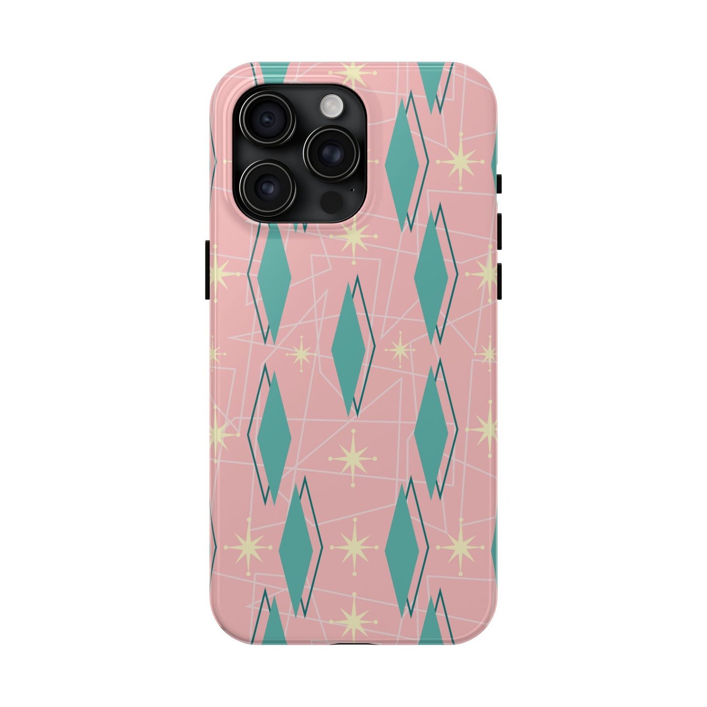 1950s Retro Star and Diamond Pattern in Pink and Green Tough iPhone Case