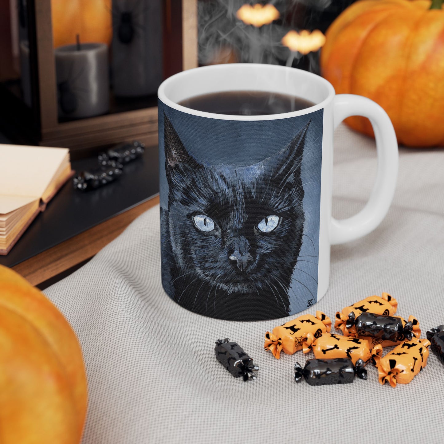 Black Cat Portrait Mug — Ceramic Coffee Cup with Moody Blue Background (11oz, 15oz)