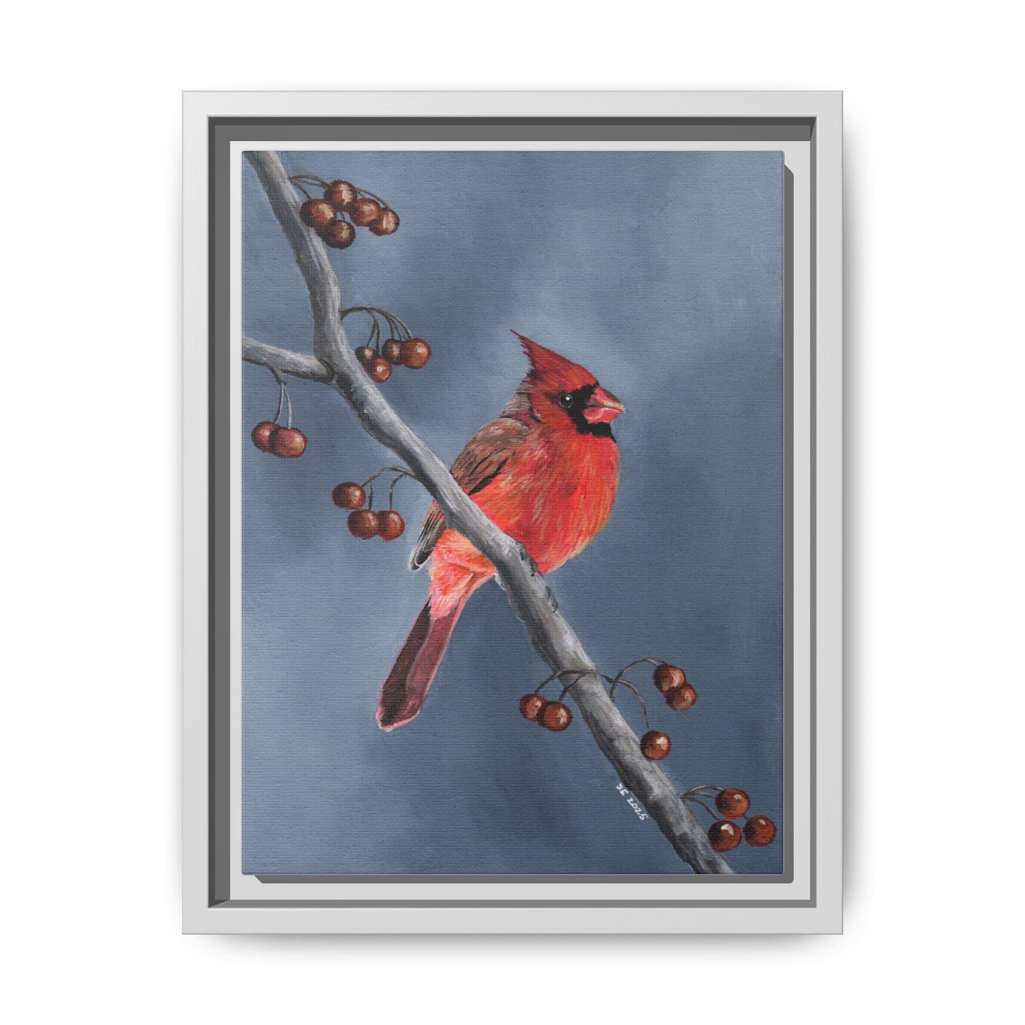 Framed Cardinal Canvas Art – Red Northern Cardinal on Winter Branch