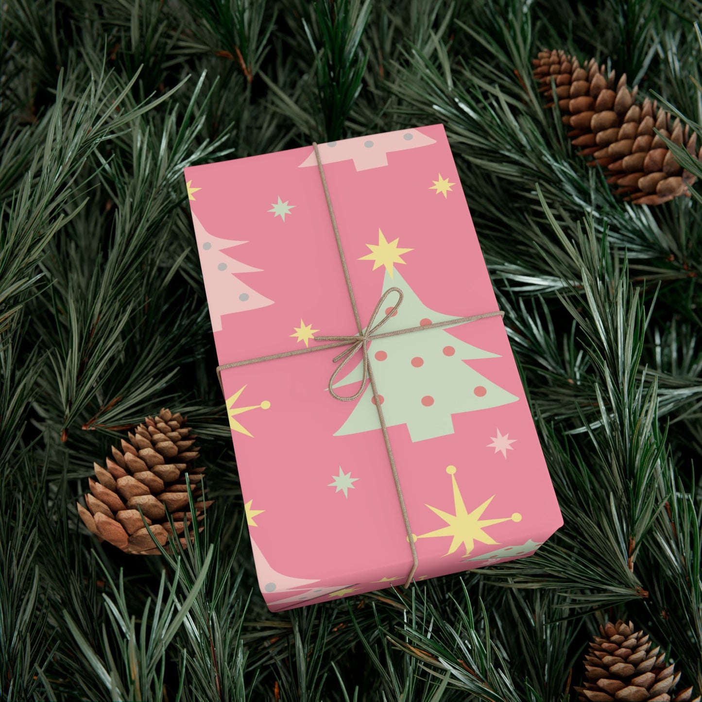 Pink Retro Christmas Tree Gift Wrap Paper — Holiday Wrapping Sheets
