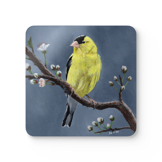 Goldfinch Cork Coaster Set — Bird Art Drink Coasters, Spring Blossom Kitchen Decor