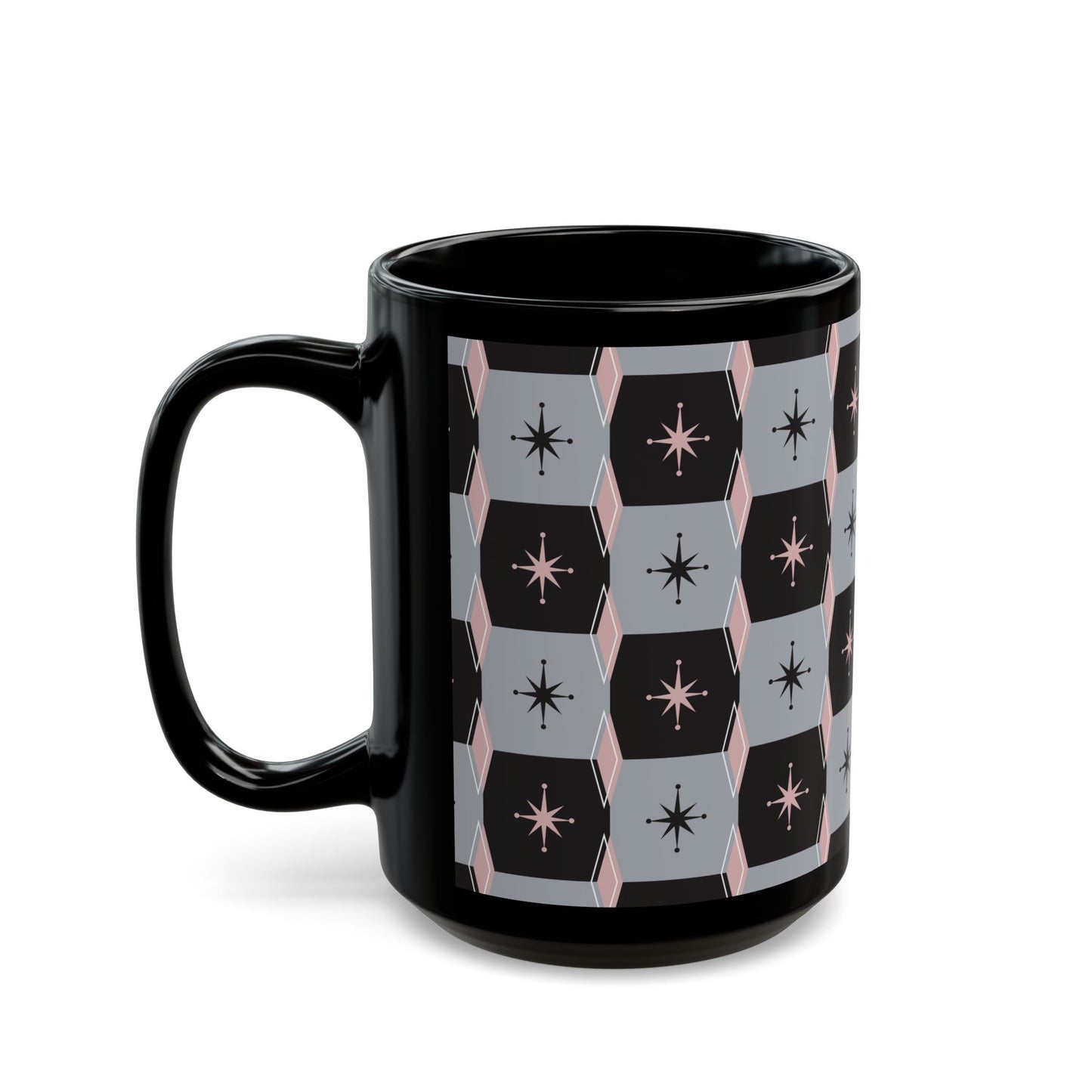 Retro Starburst Black Mug — Mid-Century Geometric Coffee Cup (11oz/15oz)