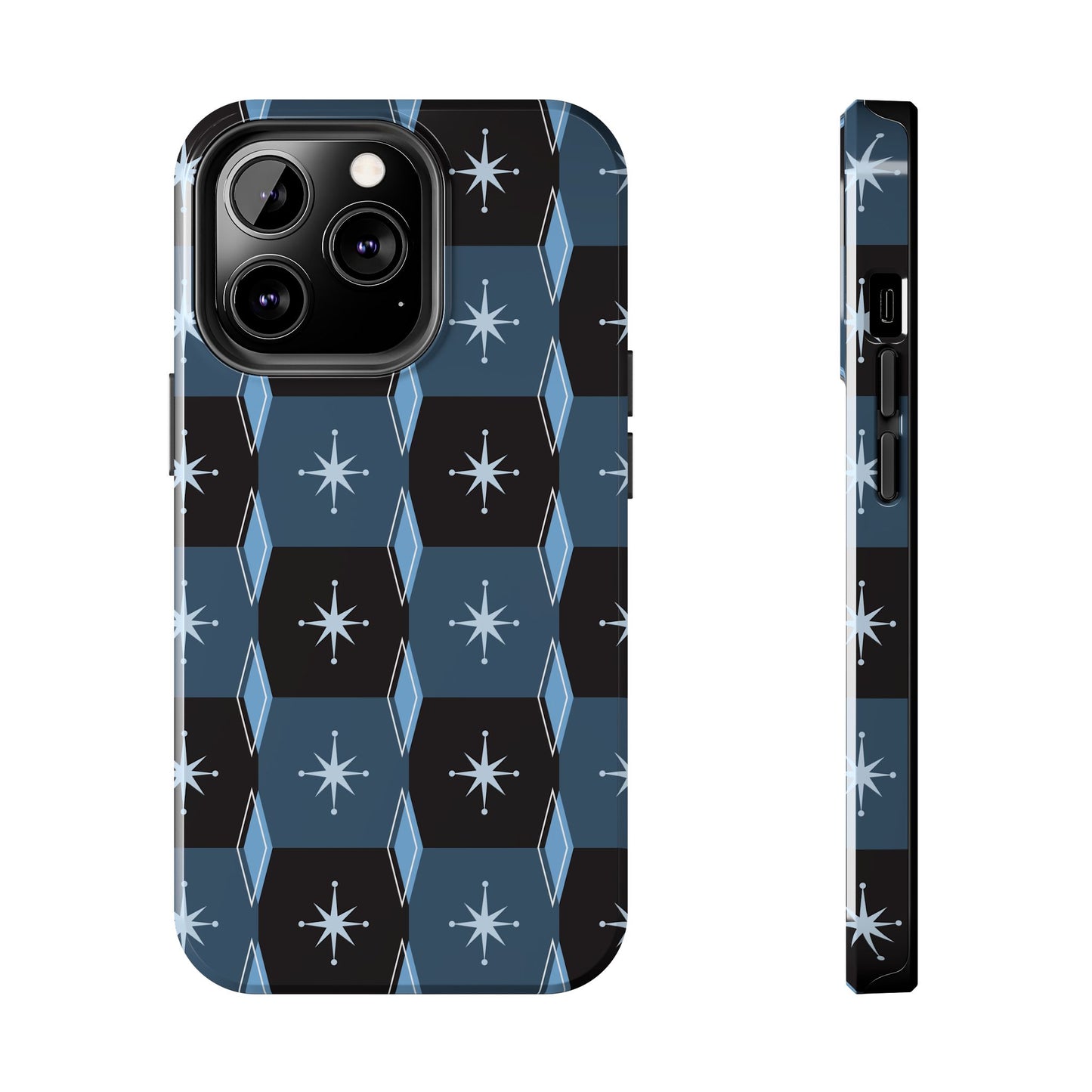 Blue and Black Diamond and Square Pattern Tough iPhone Cases